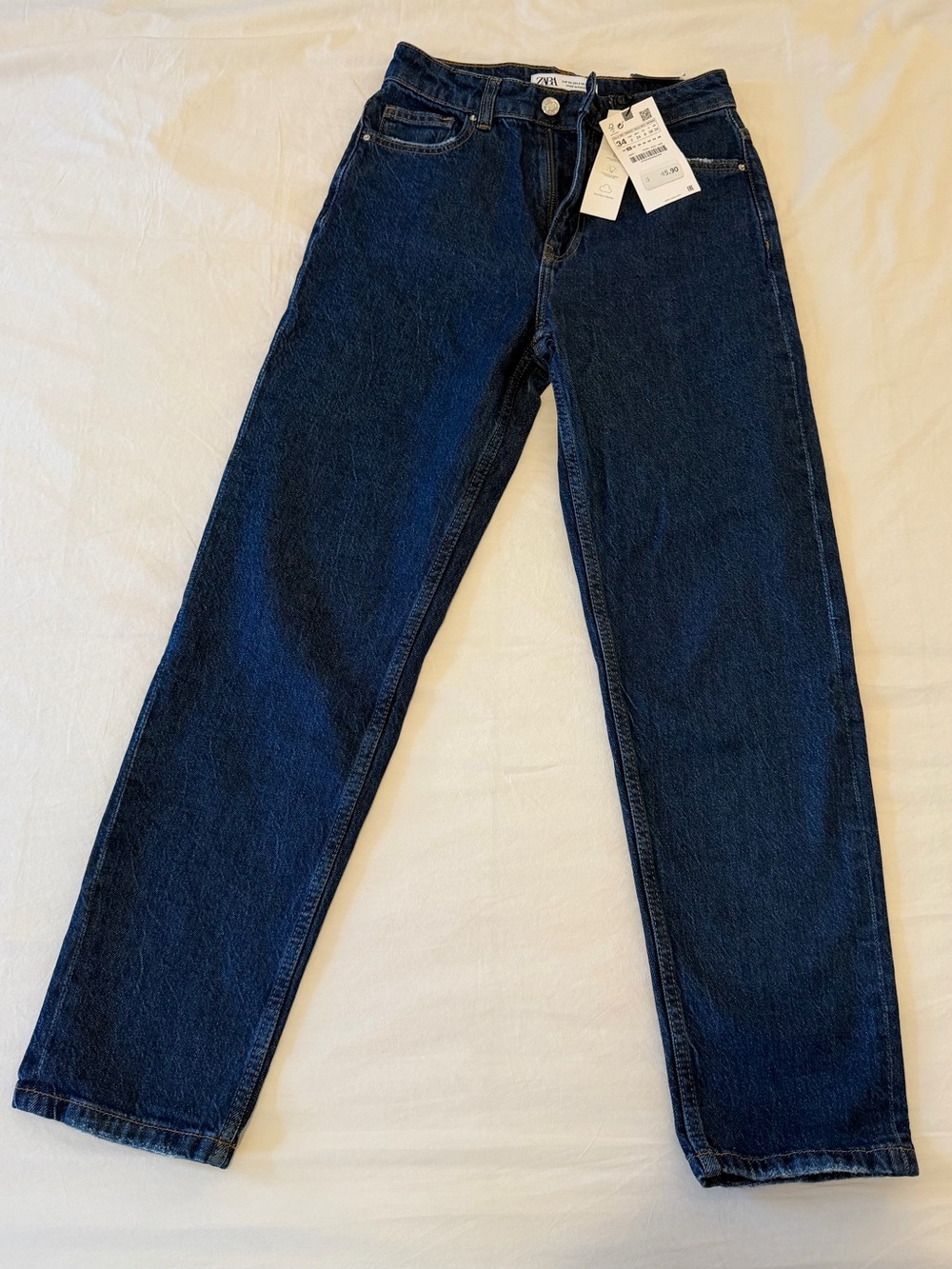 Zara Classic Mom Straight-Leg Ankle Jeans in Dark Blue size 34